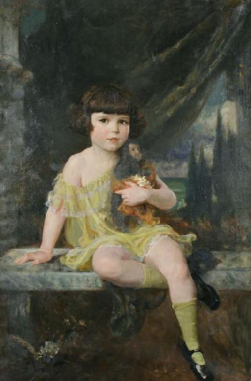 Douglas Volk Young Girl in Yellow Dress Holding her Doll, oil painting picture
